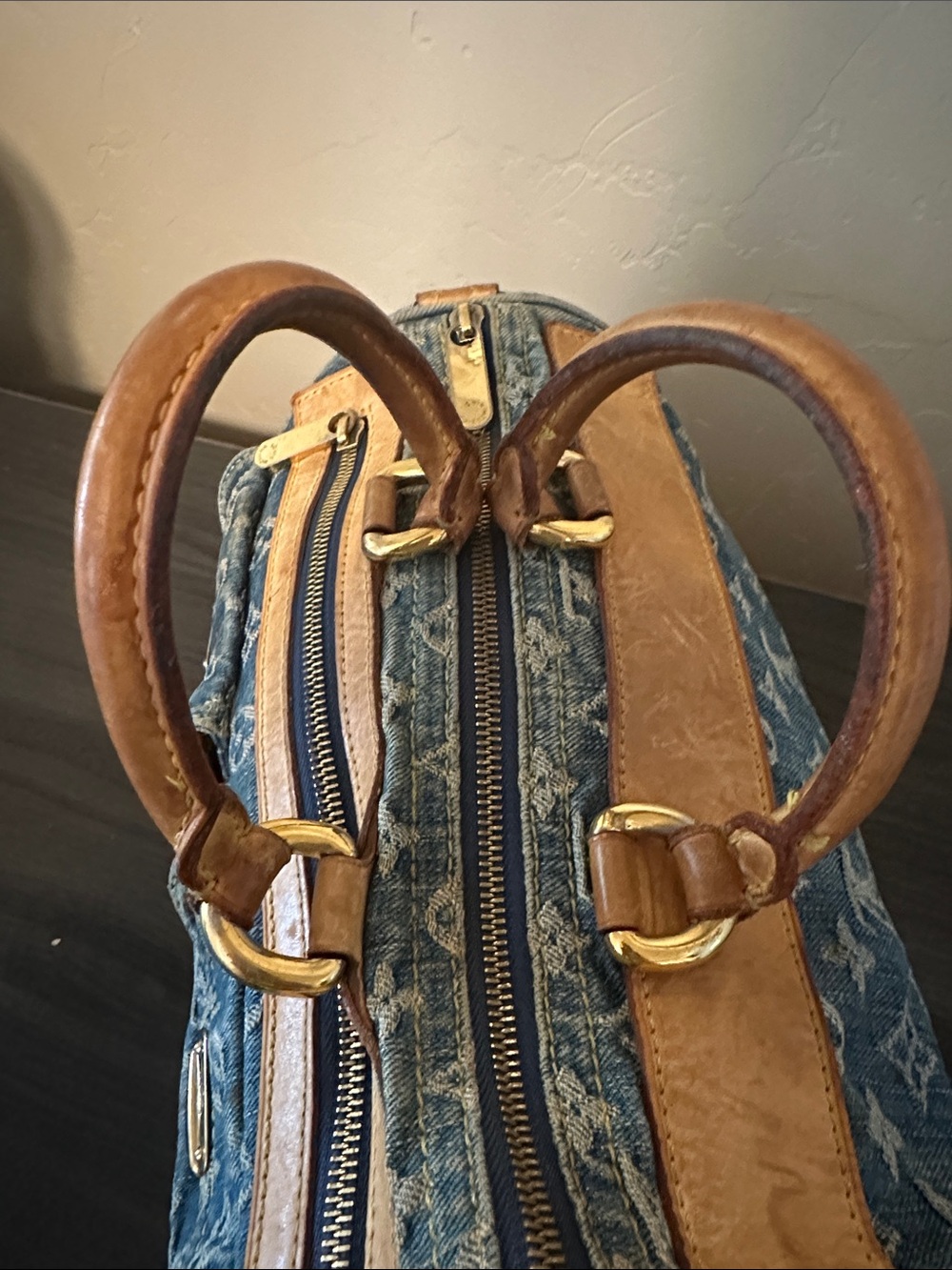 Louis Vuitton Blue Denim Speedy Monogram Satchel with Tan Leather Trim - Picture 9 of 13